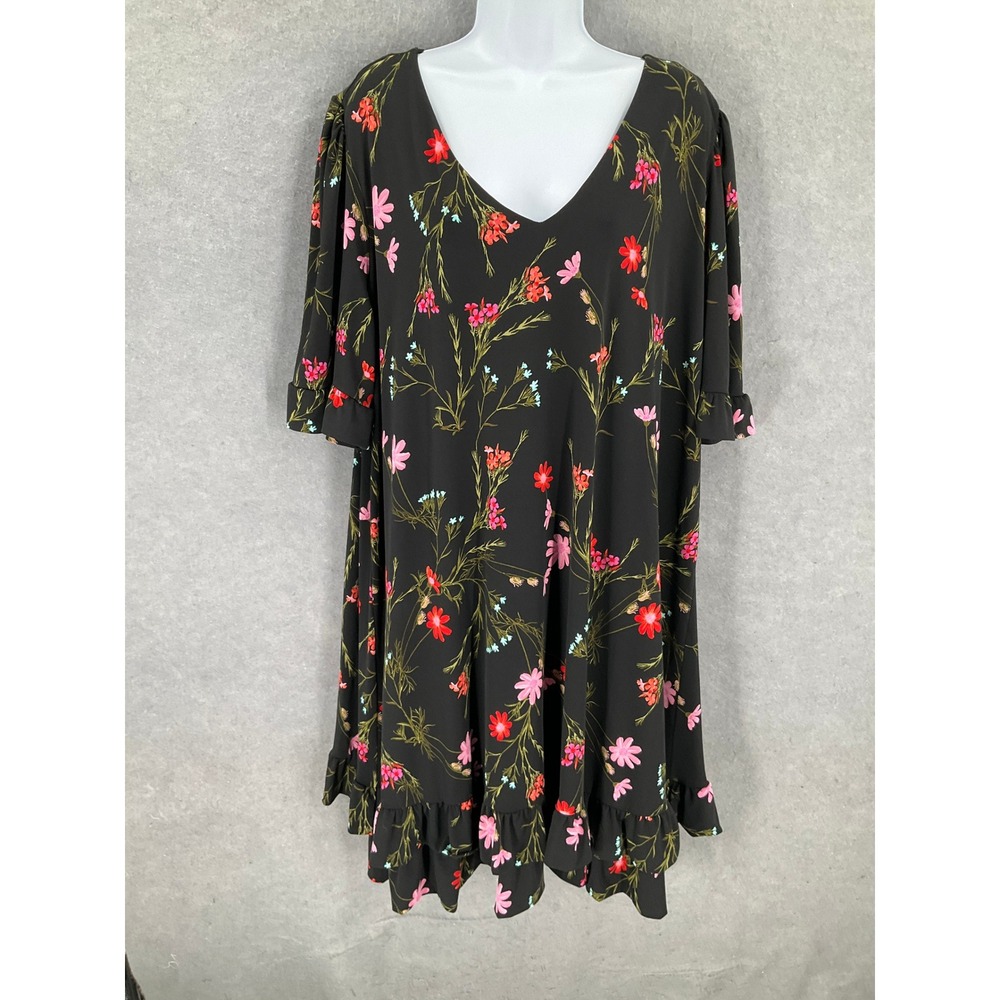 CeCe Black Floral Print V-Neck Ruffle Hem Flowy Casual Dress 3X Plus‎ Size